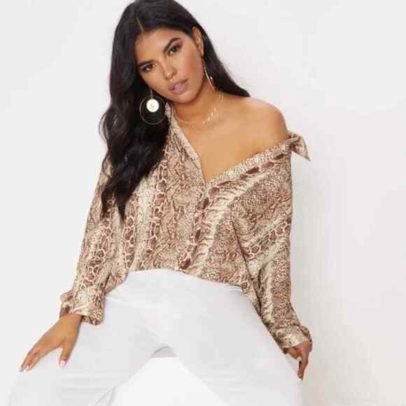 PRETTYLITTLETHING Chiffon Snakeprint Button Up Blouse Relaxed Cocktail Brown - Picture 1 of 8